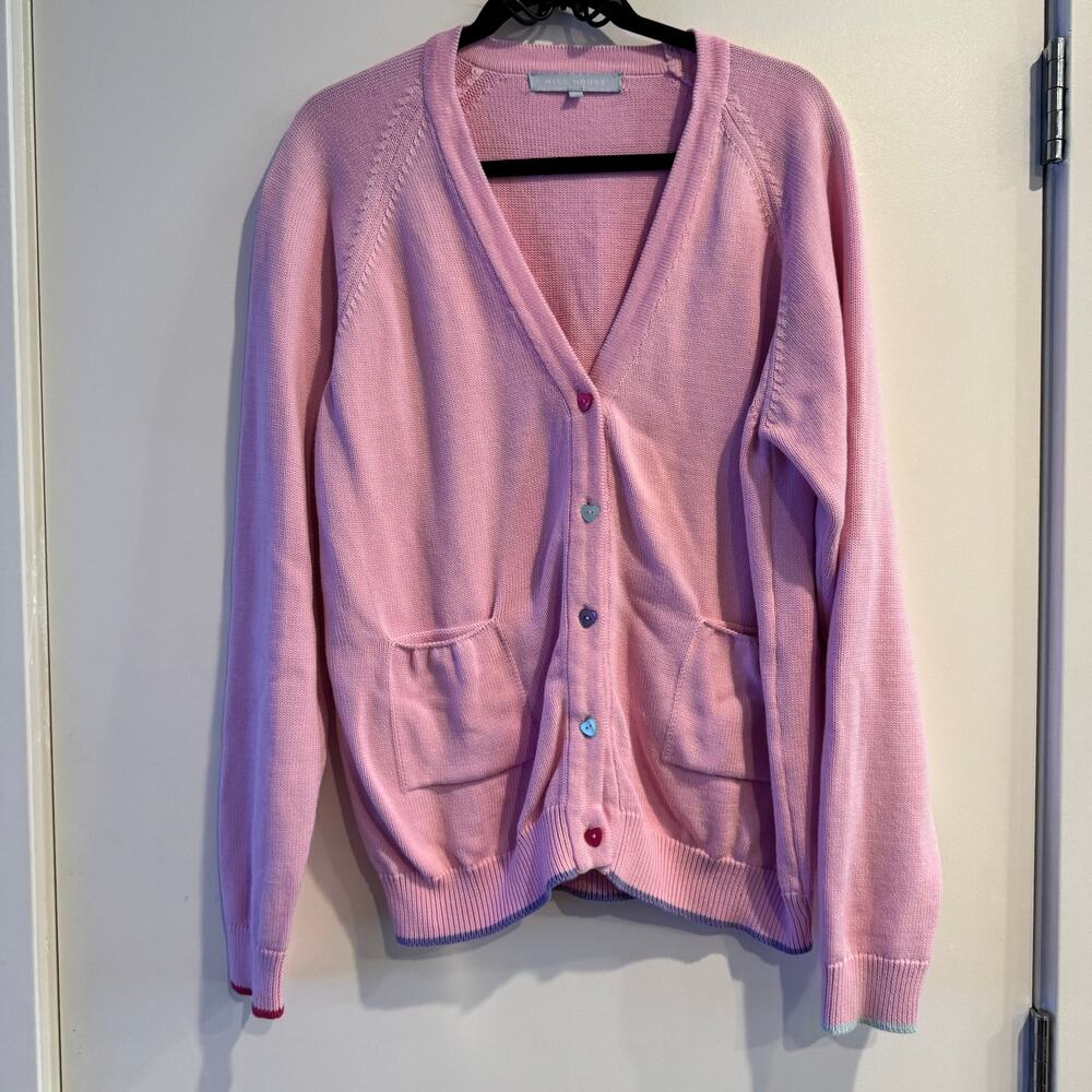 Hill House Cardigan Pink Rib Hem Knitted Pocket Heart Button Long Sleeve Sz M/L